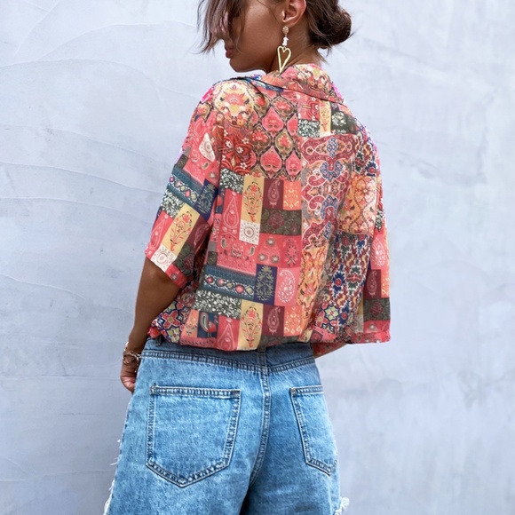 Boho Floral Print Tribal Oversized Blouse Red 90s - Picture 4 of 5